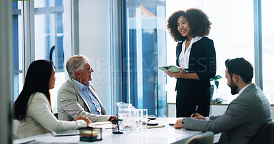 Buy stock photo Business people, presentation and woman in meeting, tablet and financial advisor with system update. Feedback, speaker and employees in boardroom, tech and internet with tax proposal or budget report