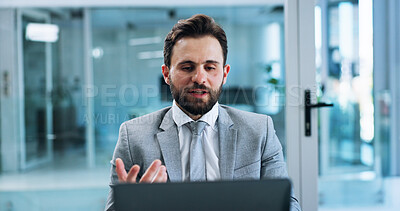 Buy stock photo Business, video call or man in office, webinar or online meeting with presentation for investment. Person, accountant or professional discussion, talk or virtual seminar for budget report or feedback