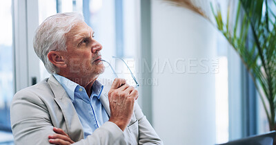 Buy stock photo Corporate, thinking and mature man in office, investor and ideas for investment opportunity or serious. Planning, entrepreneur and person with financial strategy in business, reflection and vision
