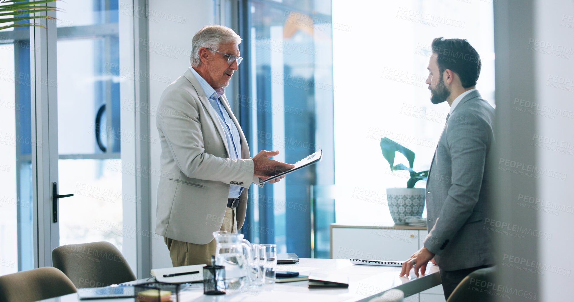 Buy stock photo Discussion, boss and feedback for employee, office and document with info for pitch or sales manager. Corporate, CEO and suggestion for proposal on paperwork, talking or people with idea for business