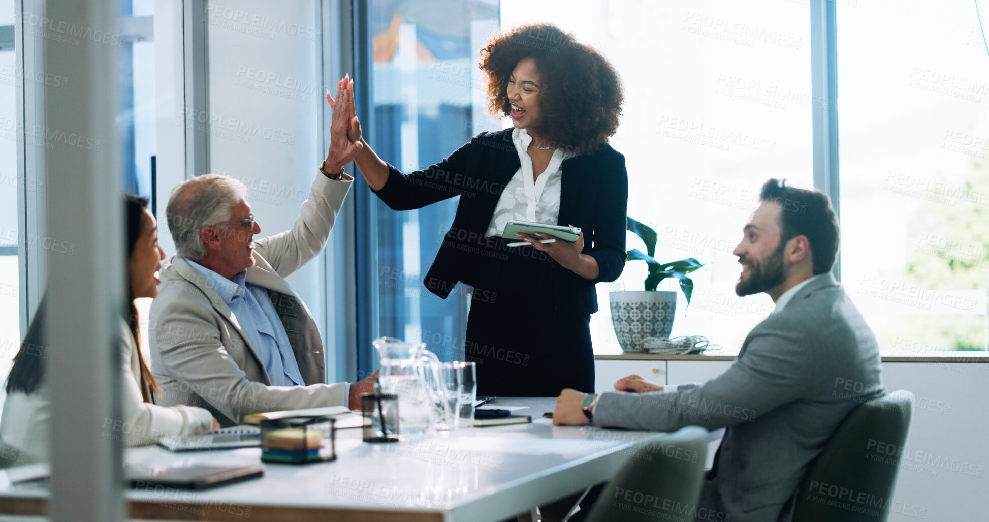 Buy stock photo High five, meeting and tablet with business people in boardroom together for milestone or success. Collaboration, motivation and presentation with employee team in workplace for goals or target