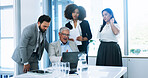 News, finance team or business people on laptop for budget savings, risk assessment or research. Collaboration, group or investment banker with mature manager for financial review or profit growth
