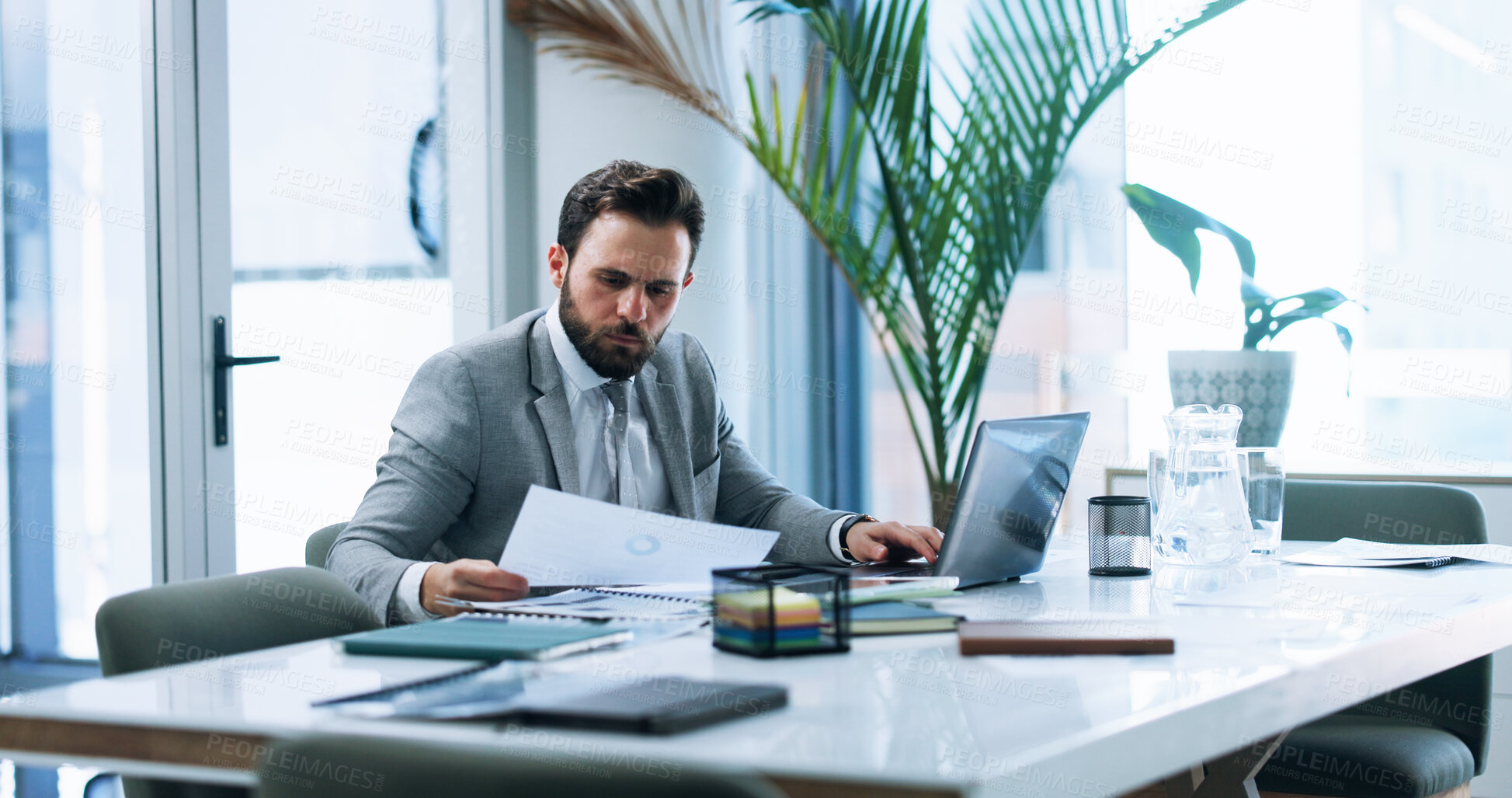 Buy stock photo Documents, accountant or businessman with laptop for budget savings, risk assessment or research. Financial management, review or investment banker with paper for accounting, taxes or profit growth