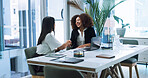 Business women, agreement or shaking hands in office for merger, partnership or acquisition. Smile, thank you or handshake with company buyer for deal, equity purchase or integration in joint venture