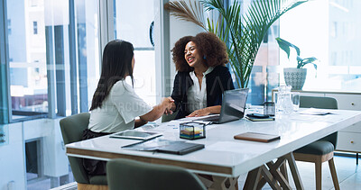 Buy stock photo Business women, agreement or shaking hands in office for merger, partnership or acquisition. Smile, thank you or handshake with company buyer for deal, equity purchase or integration in joint venture