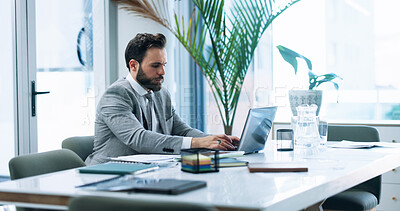 Buy stock photo Audit, accountant or businessman with laptop for company savings, risk assessment or research. Financial management, review or investment banker with budget for accounting, taxes and profit growth