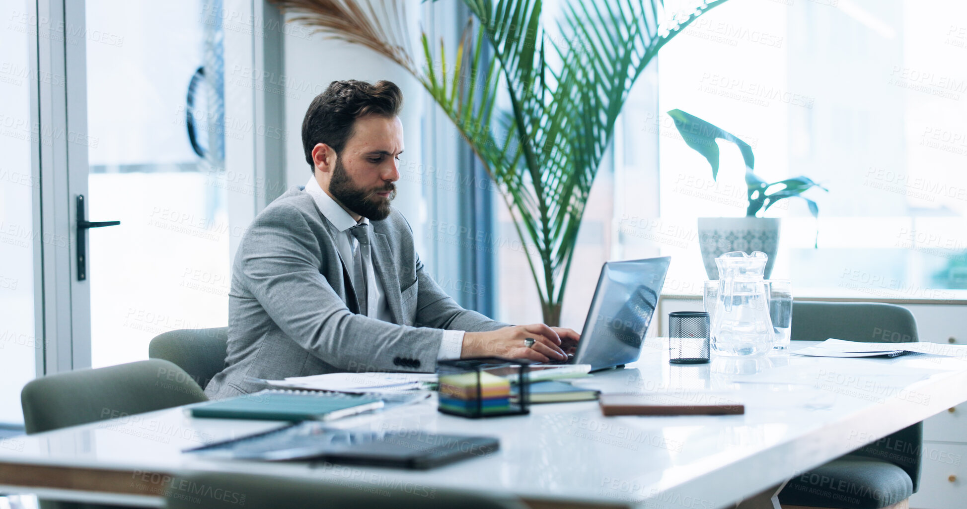 Buy stock photo Audit, accountant or businessman with laptop for company savings, risk assessment or research. Financial management, review or investment banker with budget for accounting, taxes and profit growth