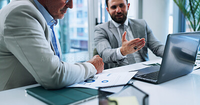 Buy stock photo Business men, laptop and team meeting for planning, brainstorming and discussion with investment stats. Computer, office and conversation with manager for chart, finance metrics and hands with data