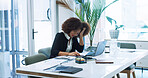 Burnout, sleeping or tired businesswoman on laptop for accounting, deadline or finance project. Exhausted, sleep or overworked accountant in office for budget review on technology, fatigue or stress
