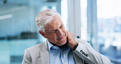 Buy stock photo Tired, neck pain and stress with business man in office for deadline anxiety, muscle strain and burnout. Fatigue, fibromyalgia or debt with mature employee for shoulder injury, overworked or tension