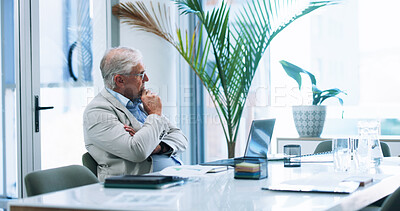 Buy stock photo Business, laptop and problem solving with mature man in office for corporate administration or solution. Computer, ideas and thinking with professional employee at work for management or planning