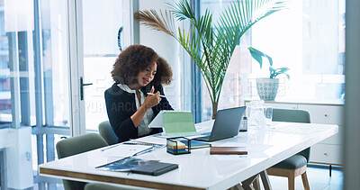 Buy stock photo Phone call, office or African businesswoman with tablet for budget savings, risk assessment or research. Financial advice, review or investment banker with technology for accounting, taxes or client