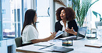 Business women, strategy and team planning in office, discussion or brainstorming insurance policy with paper. Laptop, meeting or conversation with manager for report, risk management or explain idea