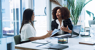 Buy stock photo Business women, strategy and team planning in office, discussion or brainstorming insurance policy with paper. Laptop, meeting or conversation with manager for report, risk management or explain idea