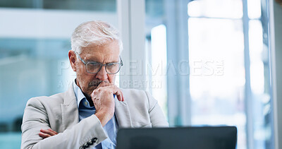 Buy stock photo Business, ideas and laptop with mature man in office for corporate administration or problem solving. Planning, solution and thinking with professional employee working on computer for management