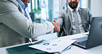 Business men, deal and shaking hands in office for merger, partnership or acquisition. Finance, team and handshake for collaboration with company buyer for share purchase, joint venture or agreement