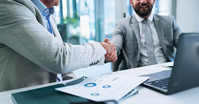 Buy stock photo Business men, deal and shaking hands in office for merger, partnership or acquisition. Finance, team and handshake for collaboration with company buyer for share purchase, joint venture or agreement