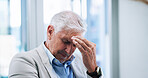 Tired, headache and stress with business man in office for deadline anxiety, tax audit and burnout. Fatigue, frustrated person and debt with mature employee for mental health, overworked and tension