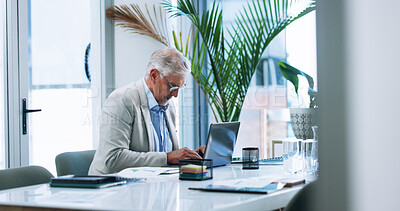 Buy stock photo Mature, accountant or businessman with laptop for budget savings, risk assessment or research. Financial management, review or investment banker with documents for accounting, taxes or profit growth 