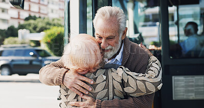 Buy stock photo Senior couple, hug and travel in city for greeting, reunion and journey for visit at bus stop. Elderly people, passenger and embrace for commute of public transport, parting gesture and farewell trip
