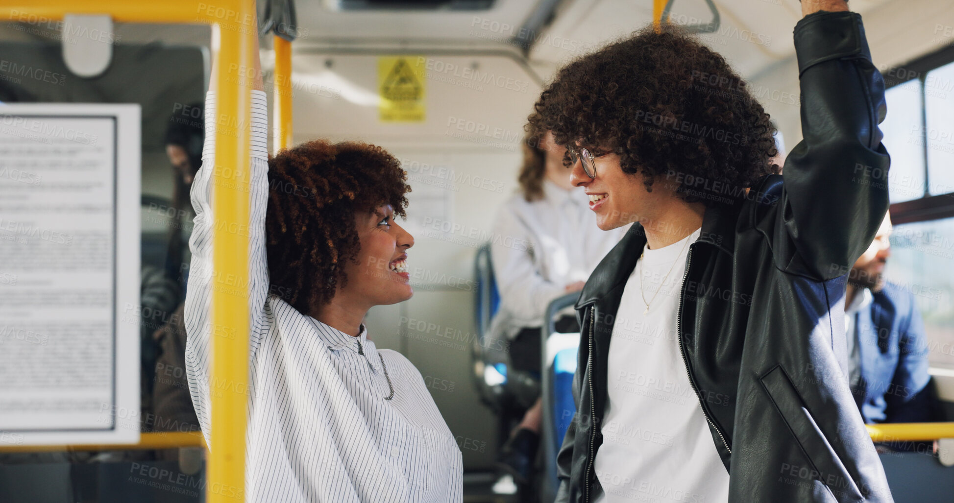 Buy stock photo Love, smile and travel with couple on bus together for public transportation to destination. Commute, sightseeing or tourism with man and woman in vehicle for adventure, journey or trip to location