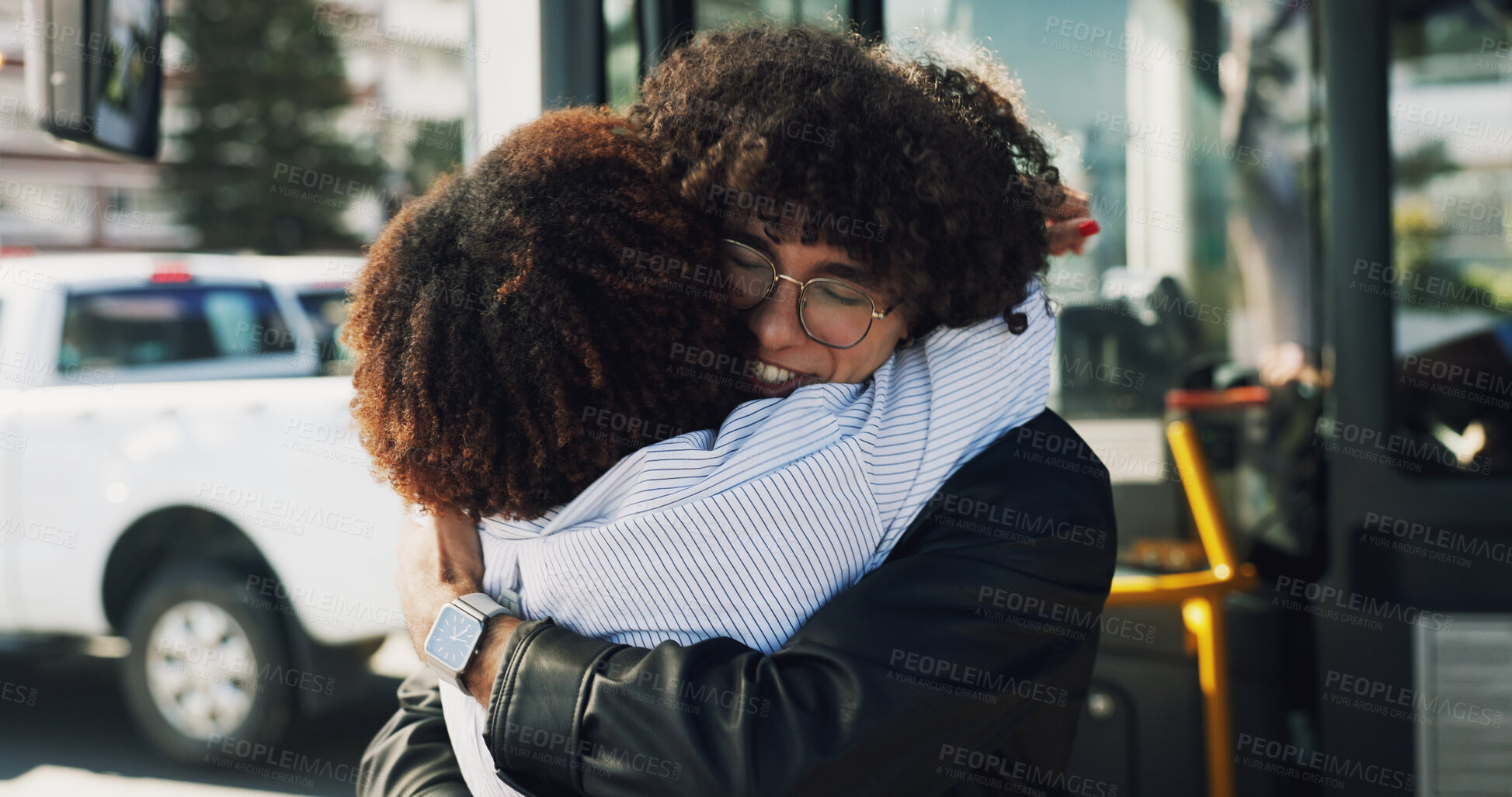 Buy stock photo Couple, hug and bus stop for travel in city for greeting, reunion and goodbye on journey for visit. People, passenger and embrace for commute with public transport, parting gesture and farewell trip
