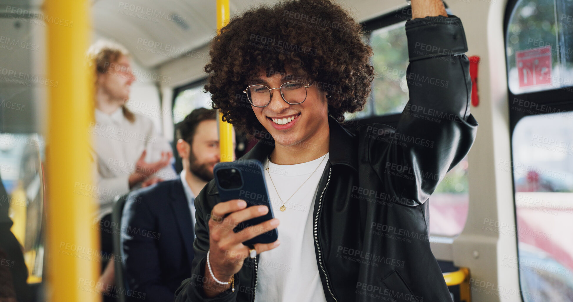 Buy stock photo Cellphone, happy and man on bus online for checking university exam results on mobile app with travel. Phone, college and male student reading acceptance email on public transportation in city.