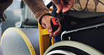 Hands, people and seatbelt in bus for safety, road law and protection for accident in vehicle. Person with a disability, travel and click for security from danger, insurance or harness in transport