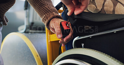 Buy stock photo Hands, people and seatbelt in bus for safety, road law and protection for accident in vehicle. Person with a disability, travel and click for security from danger, insurance or harness in transport