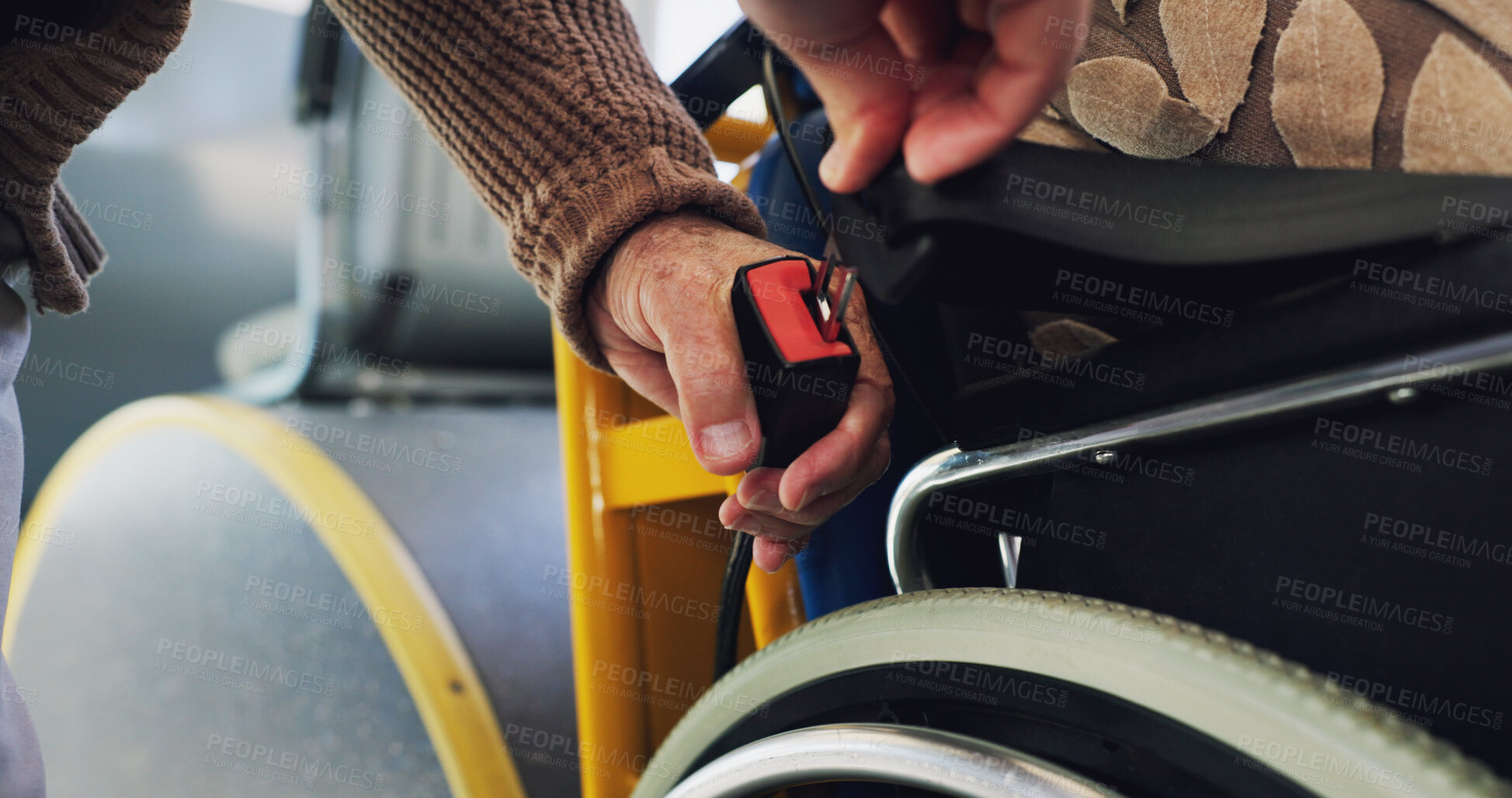 Buy stock photo Hands, people and seatbelt in bus for safety, road law and protection for accident in vehicle. Person with a disability, travel and click for security from danger, insurance or harness in transport