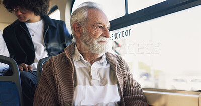 Buy stock photo Old man, thinking and travel on bus ride to destination for public transport, holiday and vacation. Memory, adventure or elderly tourist by window in city transportation for retirement and explore