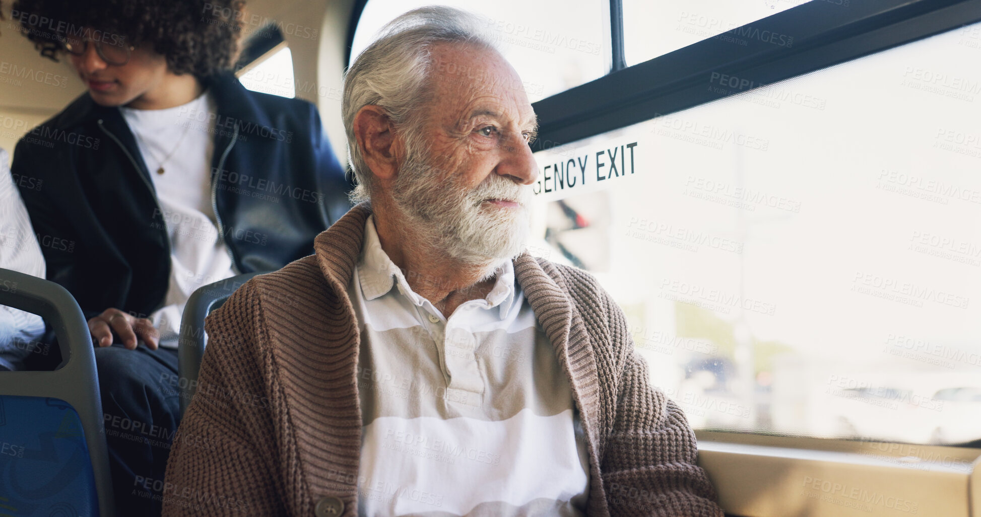 Buy stock photo Old man, thinking and travel on bus ride to destination for public transport, holiday and vacation. Memory, adventure or elderly tourist by window in city transportation for retirement and explore