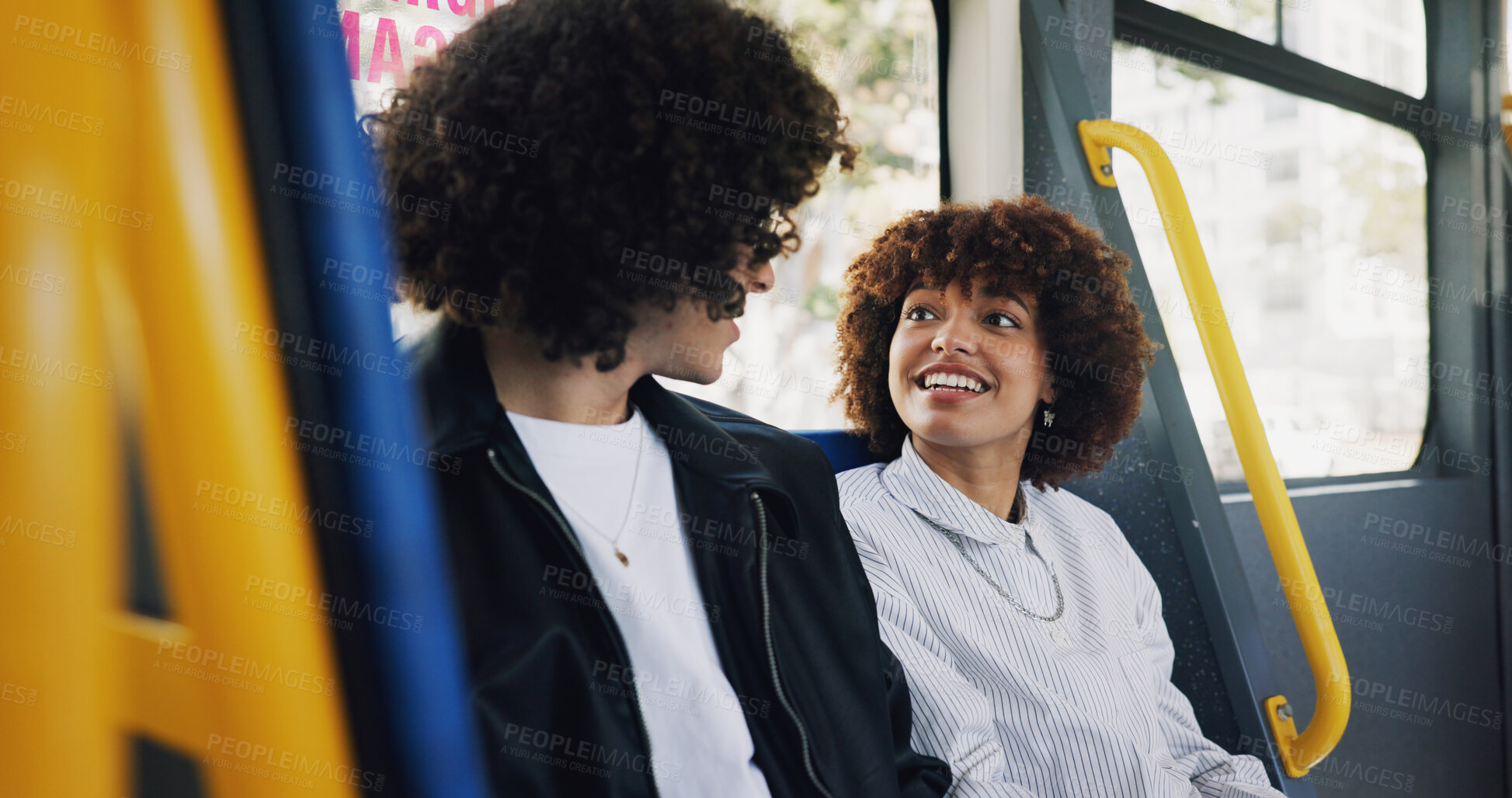 Buy stock photo Smile, tourism and travel with couple on bus together for public transportation to destination. Commute, love or sightseeing with man and woman in vehicle for adventure, journey or trip to location