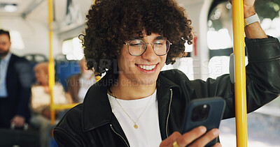 Buy stock photo Phone, smile and man on bus online for checking university exam results on mobile app with travel. Cellphone, college and male student reading acceptance email on public transportation in city.