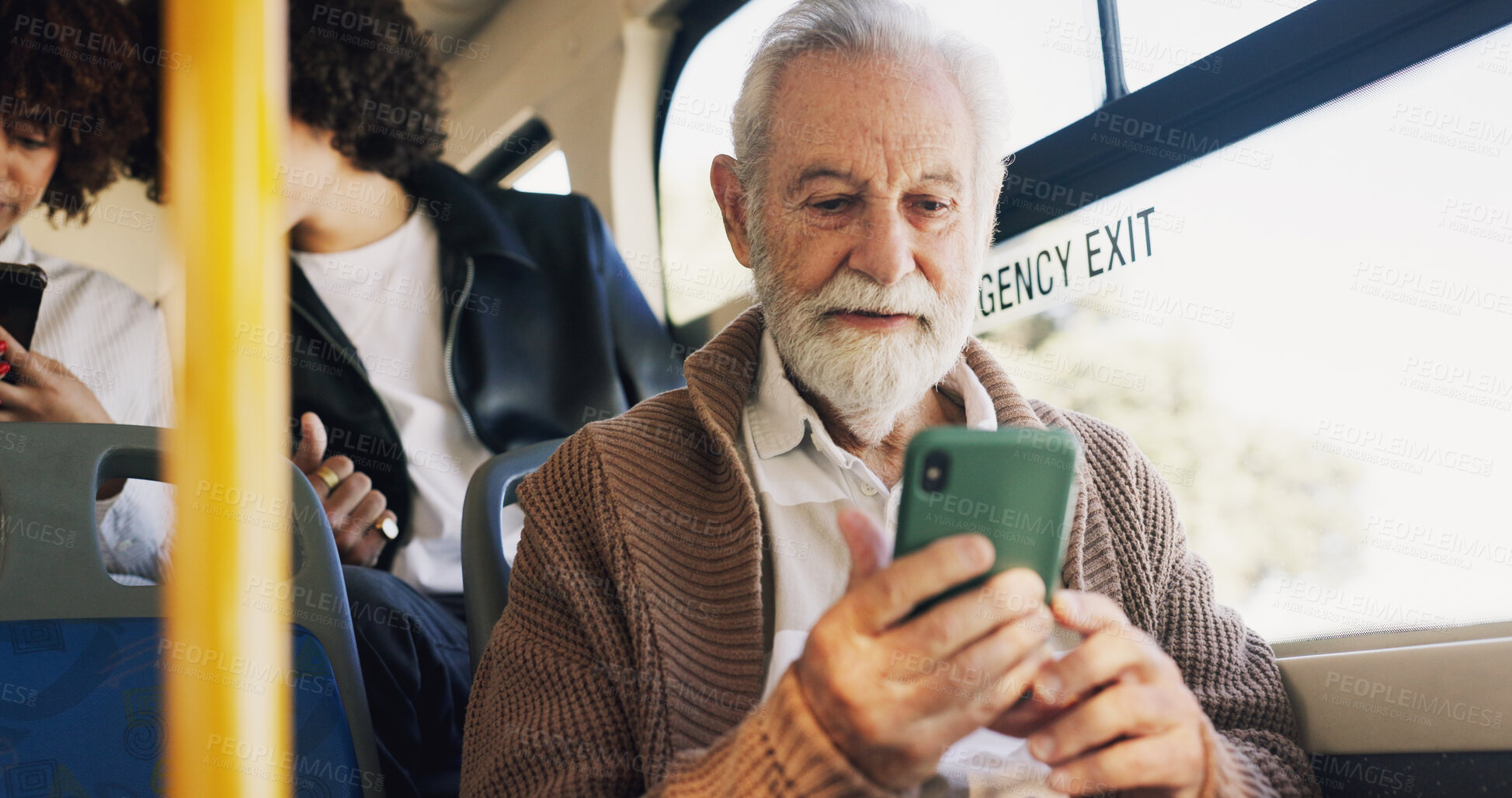 Buy stock photo Bus, senior man and online with phone for travel location, message and communication with contact. Public transport, elderly person and passenger with mobile for map application, commute and chat