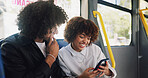 Phone, smile and travel with couple on bus together for public transportation to destination. App, commute or social media with man and woman in vehicle for adventure, journey or trip to location
