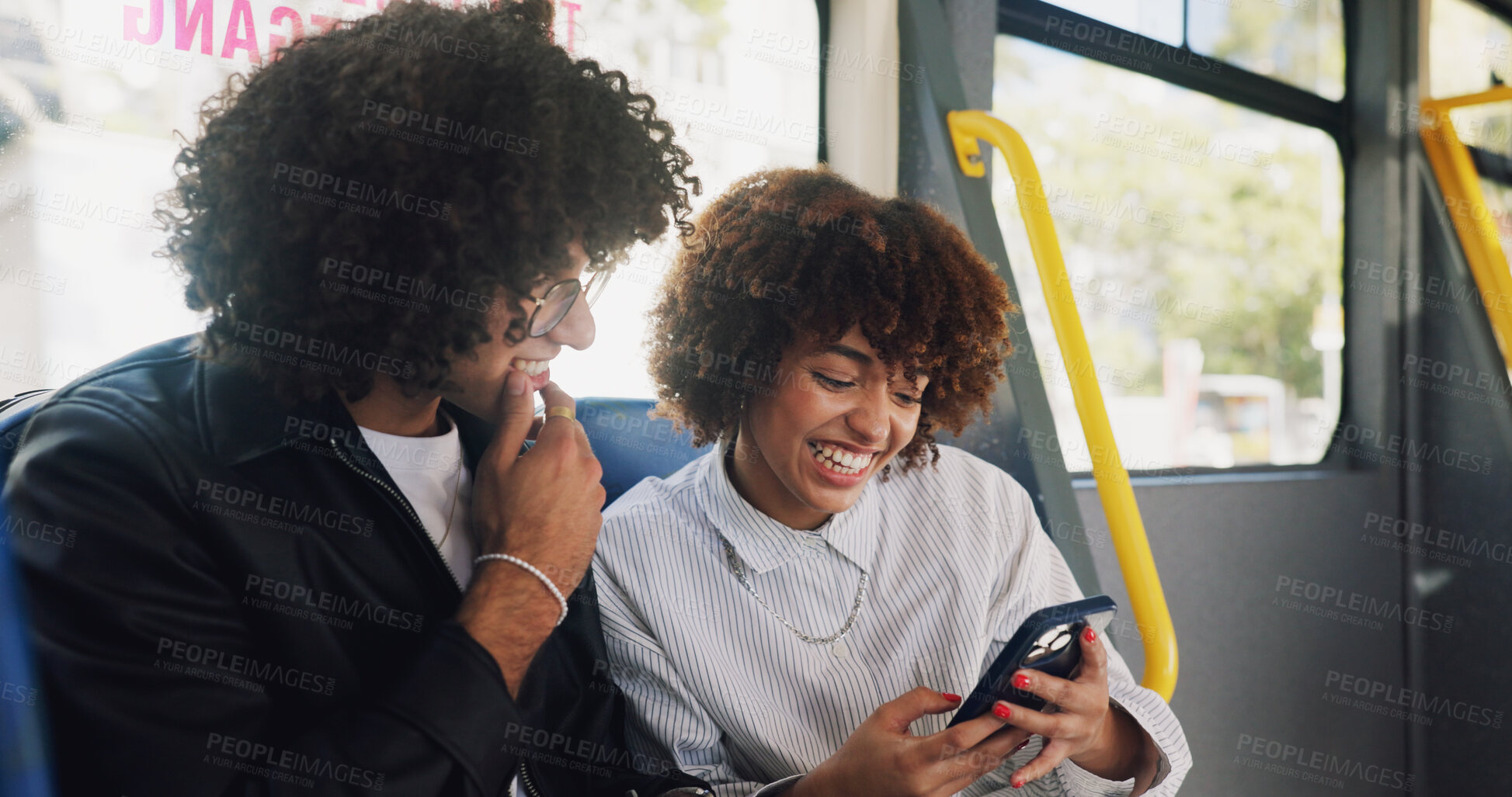 Buy stock photo Phone, smile and travel with couple on bus together for public transportation to destination. App, commute or social media with man and woman in vehicle for adventure, journey or trip to location