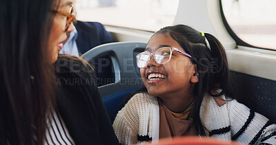 Buy stock photo Journey, mom and daughter in bus, talking and commuting in morning, travel and public transport in city. Happy, woman and child with smile in vehicle, family and bonding with conversation on trip 