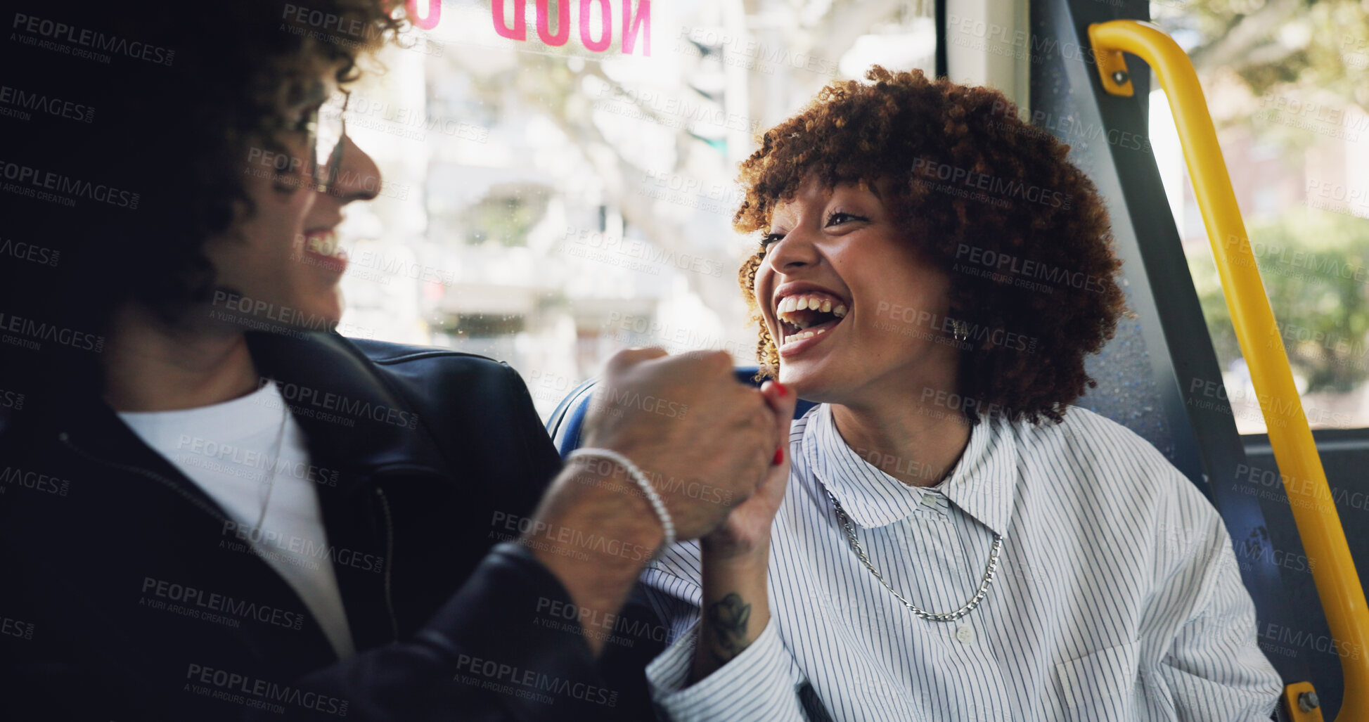 Buy stock photo Fist bump, smile and travel with couple on bus together for public transportation to destination. Commute, laughing or tourism with man and woman in vehicle for adventure, journey or trip to location