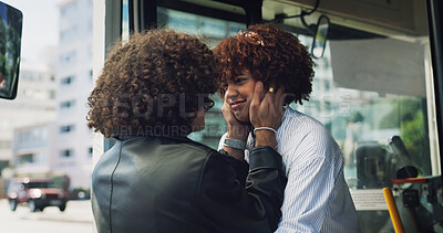 Buy stock photo Couple, greeting and travel at bus stop in city for goodbye, affection and visit for urban journey. People, passenger and embrace for commute with public transport, parting gesture and farewell trip
