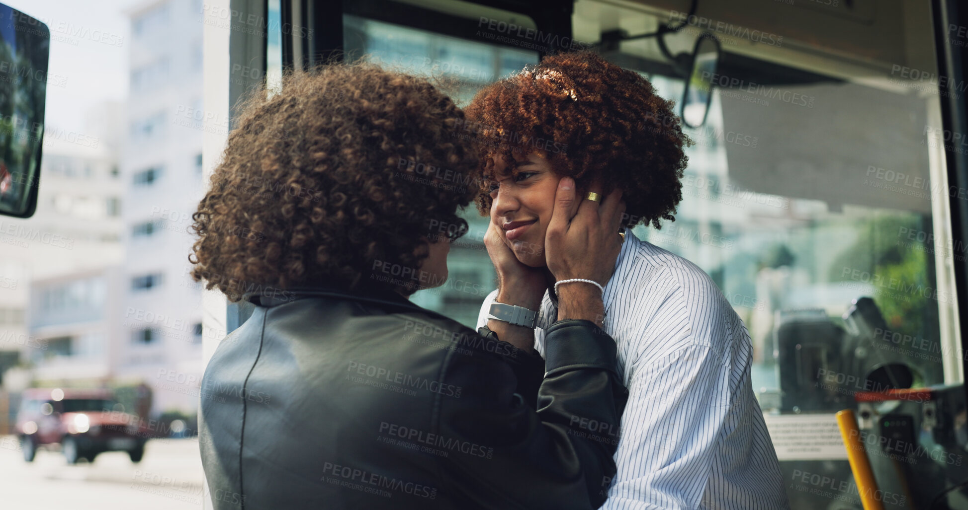 Buy stock photo Couple, greeting and travel at bus stop in city for goodbye, affection and visit for urban journey. People, passenger and embrace for commute with public transport, parting gesture and farewell trip