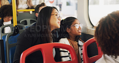 Buy stock photo Travel, mom and daughter in bus, sightseeing and commuting in morning, journey and public transport. Passenger, woman and child with view of city, window and family with smile for trip in vehicle