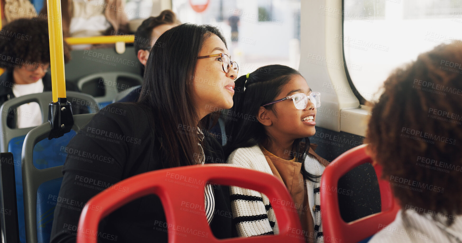 Buy stock photo Travel, mom and daughter in bus, sightseeing and commuting in morning, journey and public transport. Passenger, woman and child with view of city, window and family with smile for trip in vehicle