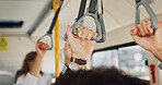 Bus, hands and trail with handle for travel, commute and security for public safety in city. Closeup, people and passenger with stability in vehicle, transport and balance with holding grip in trip