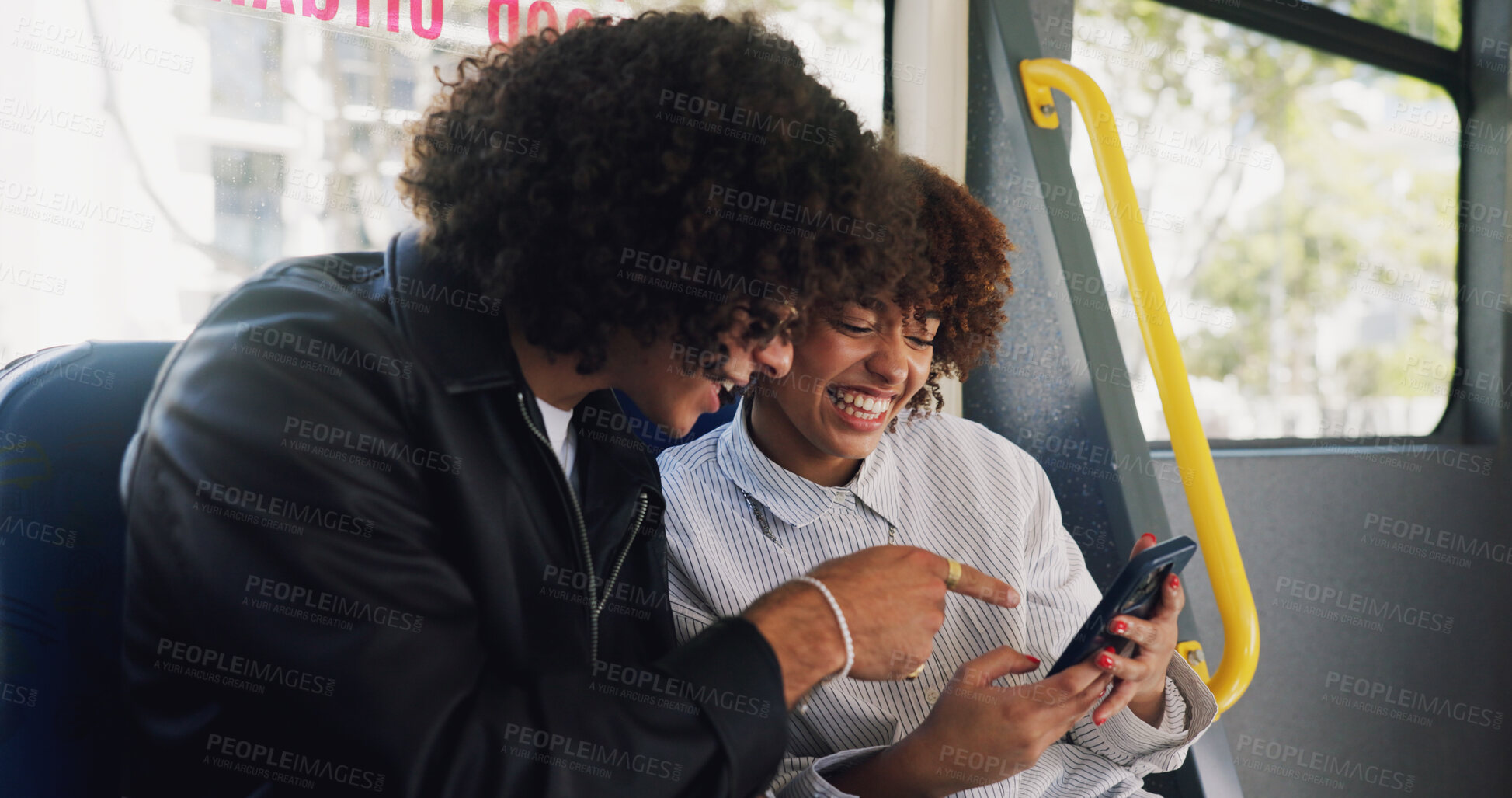 Buy stock photo Love, phone and travel with couple on bus together for public transportation to destination. App, commute or social media with man and woman in vehicle for adventure, journey or trip to location