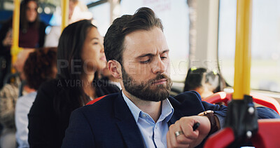 Buy stock photo Businessman, bus and checking watch with time for late travel, delay or local commute in city. Man, traveler or deadline with wristwatch in public transport or vehicle for schedule or appointment