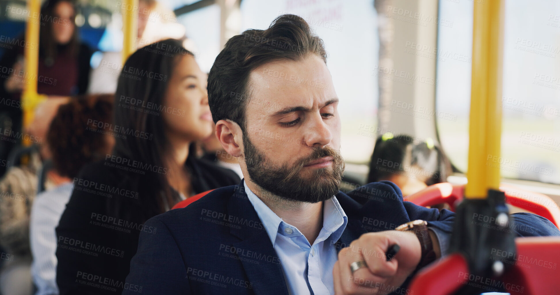 Buy stock photo Businessman, bus and checking watch with time for late travel, delay or local commute in city. Man, traveler or deadline with wristwatch in public transport or vehicle for schedule or appointment