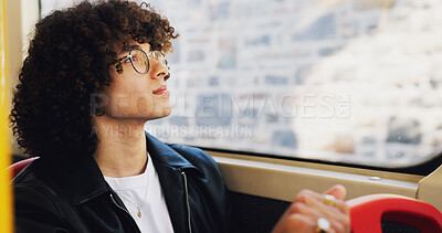 Buy stock photo Thinking, man and window on bus in city for travel, public transport and view for sightseeing. Person, passenger and daydreaming on vehicle for trip, urban journey and morning commute for destination
