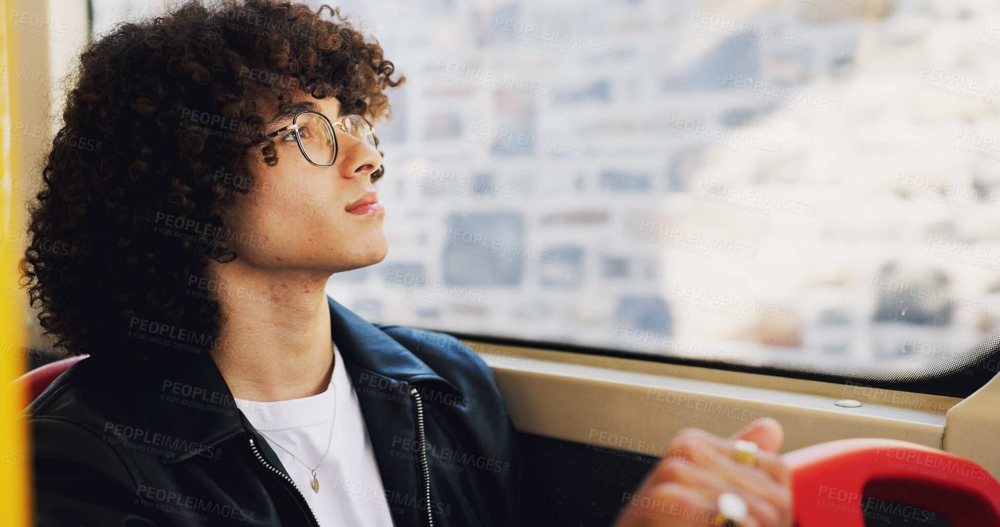 Buy stock photo Thinking, man and window on bus in city for travel, public transport and view for sightseeing. Person, passenger and daydreaming on vehicle for trip, urban journey and morning commute for destination