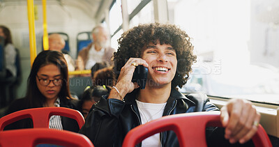 Buy stock photo Phone call, happy and man on bus for travel with communication, networking or contact for university. Cellphone, smile and male student on mobile conversation for college results on public transport.